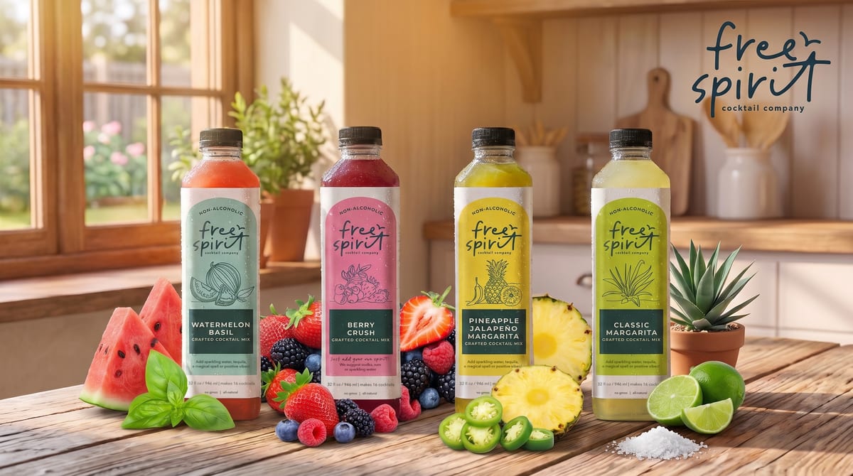 Four Free Spirit flavors on a farmhouse table with fresh fruit